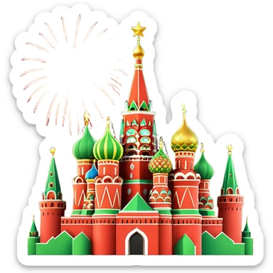 Apple style 3D emoji of New Year fireworks over Moscow. Vibrant multi-colored sparkling bursts (red, gold, green) in the sky. Below, a simplified glossy 3D silhouette of the Kremlin towers with glowing red stars. 
 sticker