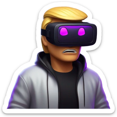 Donald Trump wearing a black hoodie with "OMG" letters on it and VR headset oculus quest 2 in a cyberpunk VR environment with violet neon lighting. sticker