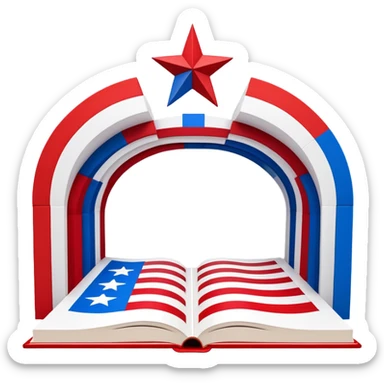 Theater scenography book with pages forming the Puerto Rican flag design, red and blue stripes with white star, showing stage elements and set designs sticker