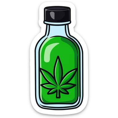 Curved red glass bottle like Coca-Cola with a green cannabis leaf printed on it and a label sticker