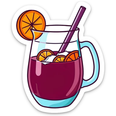 traditional sangria drink filled with ice cubes, red wine, orange and apple slices, very icy and cold sticker
