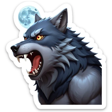 cinematic-noble-fierce-werewolf-howling-portrait-emoji, poised-and-imposing, with a fierce wolfish face tilted upwards in a haunting howl, glowing eyes full of primal ferocity, sharp, and a rugged snout, fur rippling in shades of midnight black and silver, muscles tensed as the powerful howl echoes beneath the moonlit sky; rendered with realism, capturing the raw, untamed power of the beast in its wild, primal state sticker