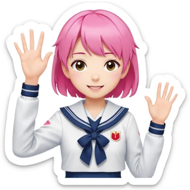 Anime girl with short bright pink hair wearing Japanese sailor style school uniform, composed posture with hand on hip but energetically waving with other hand, excited smile and happy eyes sticker