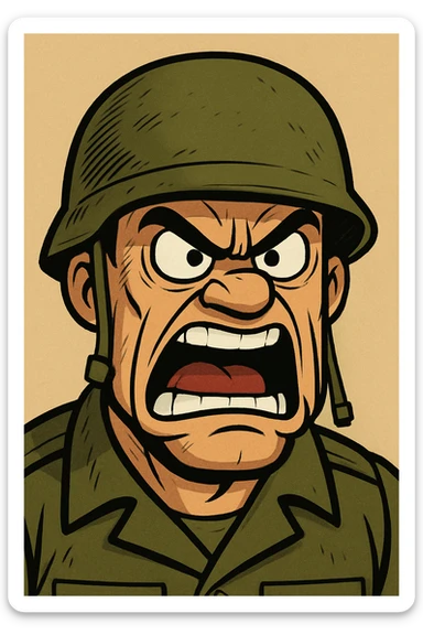 angry soldier, cartoon style, exaggerated angry face, helmet sticker
