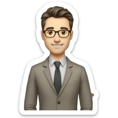 Pale skinned fit man teacher with dark brown hair in gray jacket, beige office shirt, brown tie, brown pants and vintage glasses Writing on the marker board sticker