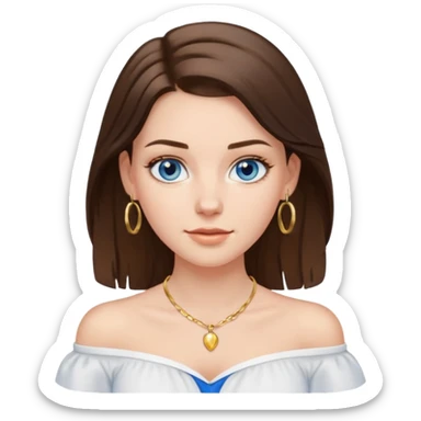 A pretty white girl with brunette hair blue eyes  thin gold hoop earrings and a matching gold necklace in a white shirt that cuts off the shoulders sticker