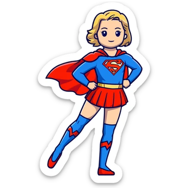 Supergirl in classic costume, full body view showing blue tights, red skirt, and cape with S symbol sticker