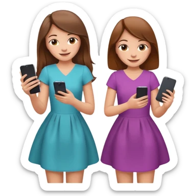 two brown haired girls, looking professional maybe leaned on each others back and looking forward and using phones, with longer hair and with some cute clothes without ties maybe dresses, one girl can hold lap top another one can hold the phone sticker