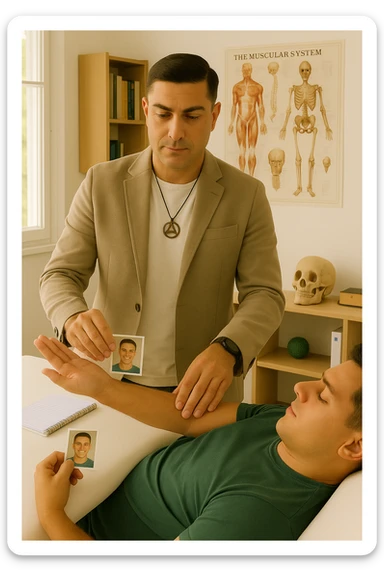 a middle-aged man, dressed in casual professional attire, is in a bright, organized therapy studio. Durante una visita di kinesiologia, il ragazzo tiene con una mano la foto di una persona lontana (il “testimone”) tiene la foto in mano, mentre con l’altra mano esegue un test muscolare su un cliente presente senza foto lui non tiene la foto. Sullo sfondo si vedono libri di kinesiologia, poster anatomici e strumenti tipici della disciplina. L’atmosfera è concentrata e serena, con luce naturale che entra dalla finestra, sottolineando l’aspetto alternativo e umano della pratica. sticker