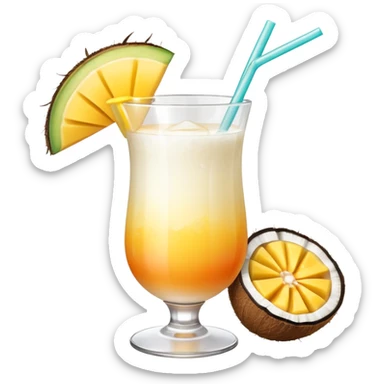 A beautiful cocktail with a creamy white to orange gradient, containing coconut juice and mango, reminiscent of summer. Above, there are tropical flowers, lemon slices, and a straws. sticker