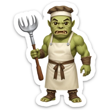 orc make Apron with "Kiss the Cook" (scratched out, replaced with "Fear the Cook"), giant rib bone as a weapon. sticker
