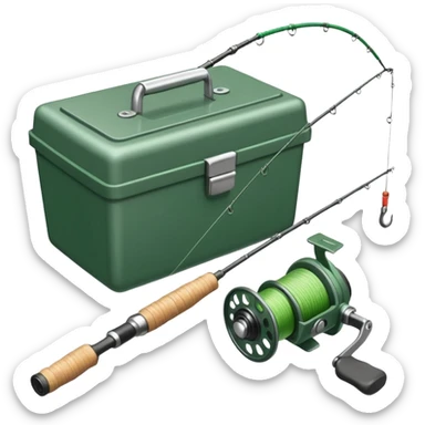 A fishing rod with reel and line neatly coiled beside a bait box.

 sticker