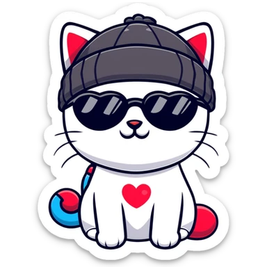 cat wearing a beanie and heart-shaped sunglasses sticker