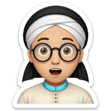 A person with light skin tone, wearing a traditional white ghutra with a black agal, large brown eyes, round glasses, and an open mouth showing a surprised or shocked expression. sticker