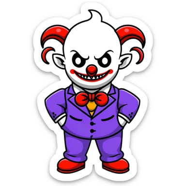 demonic clown wearing a leisure suit, bald with ram horns sticker