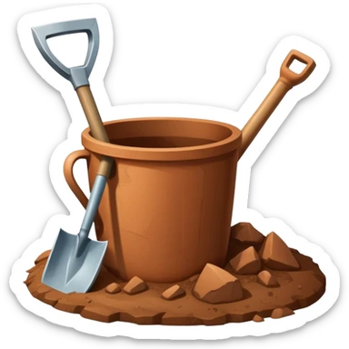 An icon featuring a shovel, pickaxe, and an ancient artifact like a broken pot, symbolizing the essentials of archaeology. The design focuses on the tools of excavation and discovery, recognizable look. Transparent background. sticker