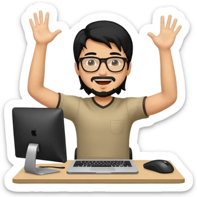 a young man with long black hair, with goatee, wearing glasses sitting with a computer, his arms up,cheering sticker