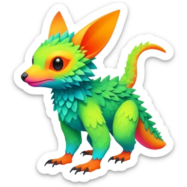lush warm-colored colorful neon-colored Fakémon-Trico-creature (full body) sticker