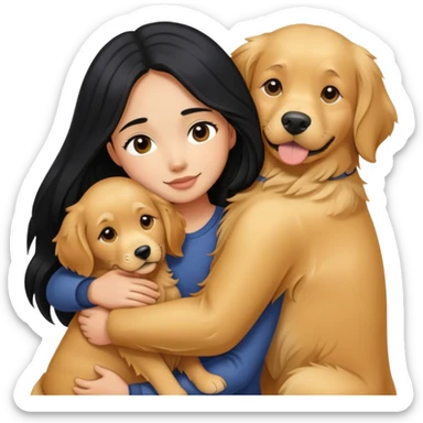 A girl with long black  hair tightly hugged a Golden Retriever sticker