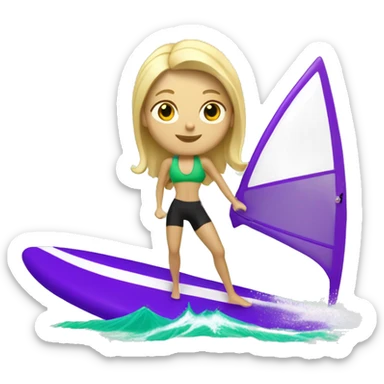 windsurfer blonde woman on green surfboard with purple and white sail where shes surfing and sail is bigger than her sticker
