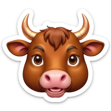 Cinematic Cute Domestic Bull Portrait Emoji, Head tilted playfully and inquisitively, with a sturdy, compact build and a smooth, polished coat of rich copper and brown hues accentuated by gently curved horns, round, sparkling eyes full of curious determination, Simplified yet irresistibly adorable features, highly detailed, glowing with a warm, friendly glow, high shine, affectionate and spirited, stylized with a touch of rustic charm, soft glowing outline, capturing the essence of a mischievous yet loving domestic bull that feels like it could trot out of the screen and into your arms! sticker