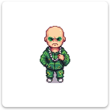Pixel art thug in tracksuit, holding chain, bald head, angry expression, side view, retro arcade sprite
 sticker