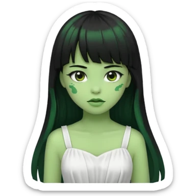 uma garota zumbi da pele verde com cabelo preto longo com franja e a roupa branca sticker