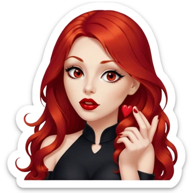 a pretty woman with long red hair and red eyes. The woman wear a black little cutted dress. She have red lipstick and she have a seductive look. She do a kiss. Very cute graphics sticker