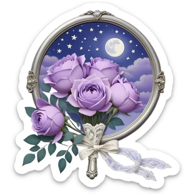Under the soft light of a vintage brass lantern, a small bundle of lilac roses, indigo peonies, and delicate lavender sprigs is tied with a lace ribbon in a muted violet hue. Above, the sky is scattered with tiny silver stars, reflecting gently in the antique hand mirror with a moon-shaped handle beside the bouquet. sticker