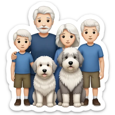 A family with mom, dad, three sons, and an Old English Sheepdog sticker