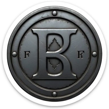 Minimal emoji, gothic metal coin made of black steel, engraved number f at the center, ancient industrial aesthetic, worn metal texture, no glow, no neon, flat emoji design, centered, transparent background sticker