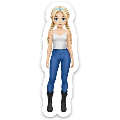 Blonde model silk balayage long hair half braids women with blue eyes wearing White Spaghetti top and black Leggins and Boots with heels sticker