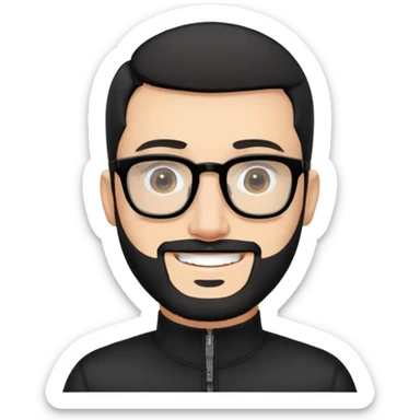 Fair-skinned man with almost buzz cut black hair (extremely short but not completely shaved), short salt and pepper beard, large black-framed glasses, smiling, wearing black long sleeve zip shirt at neck sticker