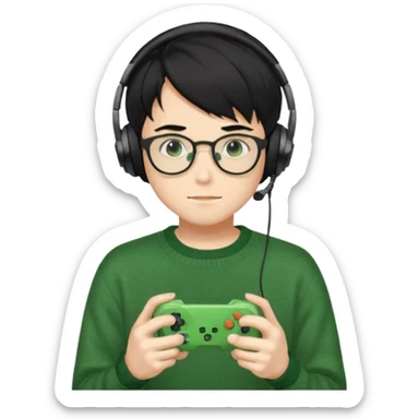 
gamer, Gorgeous green sweater black hair anime style shojo guy glasses, headphone, gamepad sticker