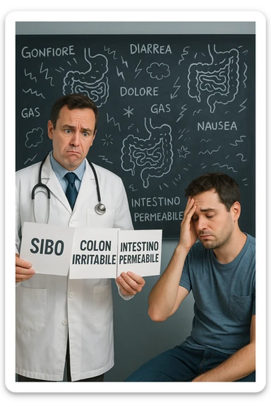 Scena clinica con un medico confuso in camice bianco davanti a un paziente seduto. Il medico ha tre fogli in mano, e li mostra uno alla volta con espressione incerta: il primo dice 'SIBO', il secondo 'Colon Irritabile', il terzo 'Intestino Permeabile'. Il paziente ha un’espressione confusa e scoraggiata, con una mano sulla fronte. Sullo sfondo una lavagna caotica con disegni di intestino e sintomi ovunque. Stile realistico con tocchi ironici, toni freddi da ambulatorio ma con un messaggio visivo forte di incertezza diagnostica. in italiano sticker