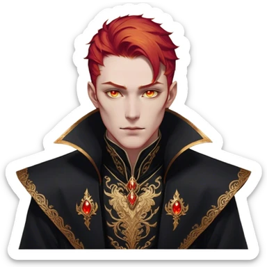 A tall and strikingly elegant High Fae male with fiery red hair, his golden eyes gleaming with cunning intelligence. He wears a luxurious black coat trimmed with copper embroidery, the fabric lined with fine gold stitching. His posture is relaxed yet calculated, his expression unreadable—except for the ghost of an arrogant smirk playing at his lips sticker