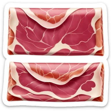 prosciutto thin folded slices, deep pink-red, soft translucent texture, creamy white fat marbling, natural curl, silky surface, no plate, garnish, or packaging, soft lighting, emoji scale sticker
