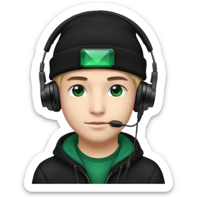 garcon avec un bonnet noir avec un emeraude dessus et un casque gaming moin bronzé sticker