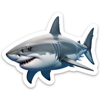 Cinematic Noble Great White Shark Portrait Emoji, Poised and regal, with a robust, torpedo-shaped body, a pointed snout, a gleaming white underbelly contrasting with a slate gray dorsal surface, and piercing, intense eyes scanning deep blue waters, Simplified yet sharp and sophisticated features, highly detailed, glowing with a cool, oceanic luminescence, high shine, intelligent and commanding, stylized with an air of marine authority, focused and vigilant, soft glowing outline, capturing the essence of a watchful and confident predator that appears ready to surge out of the screen with effortless power! sticker