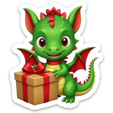 a cute baby dragon is holding a brown carton gift with red ribbon sticker