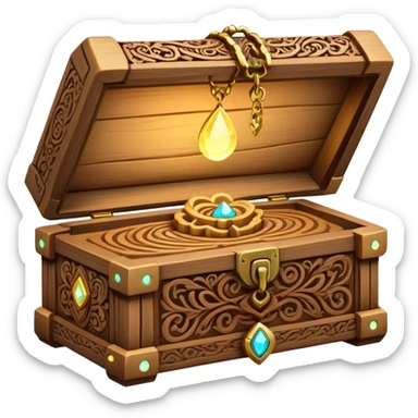 magical wooden box with intricate carvings, glowing softly, holding necklaces inside sticker