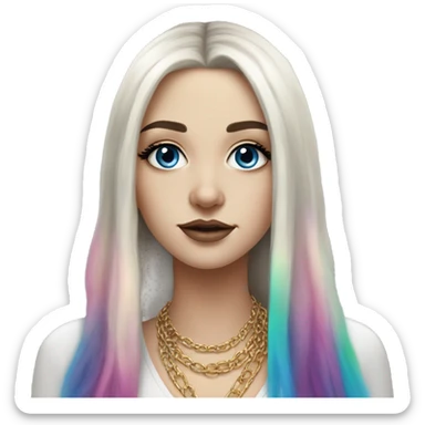 Hyperrealistic white girl with blue eyes and long black hair with rainbow fringe. Wearing gold chain necklace has dark eye makeup on her eyes sticker