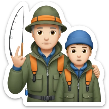 Father and son in fishing gear gesturing that they are cold sticker