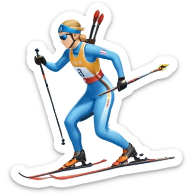 An icon featuring a biathlete in motion, holding a rifle and skiing across a snowy course. The backdrop includes snow-covered trees, distant mountains, and a clear blue sky. Transparent background highlights the precision, endurance, and excitement of biathlon. sticker