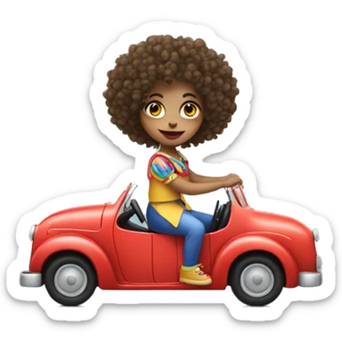 girl with curly hair that is dressed a a clown driving car sticker