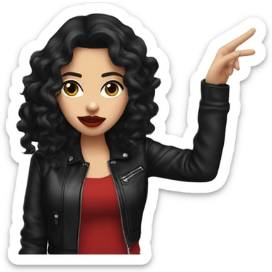 White girl, with long curly black hair, with red lipstick, black winged eyeliner, wearing black shirt and black leather jacket shrugging her shoulders in a gesture that says “I don’t know” sticker
