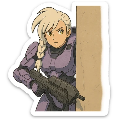 female, wearing reach spartan armor default, long white braid hair with massive messy front side single bangs, gold yellow eyes, attention pose, HALO:series, no helmet, the armor is lavender color scheme, shoulder pad off. DDD bust size fitting. Punk gothic cyberpunk, peeking around a corner wall with a classic halo1 ar sticker