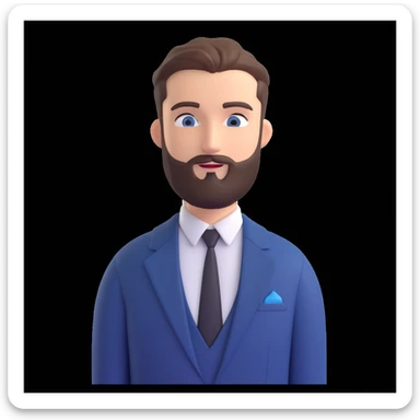 3D emoji style male character with trimmed beard, short hair, black suit, and white shirt, on a blue background with a white leaf design sticker