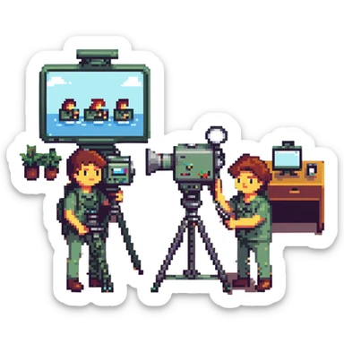 collaboration équipe de tournage with multiple members including caméraman, preneur de son, réalisateur working together around a broadcast camera, dynamic atmosphere, wide shot, team spirit in pixel art style sticker