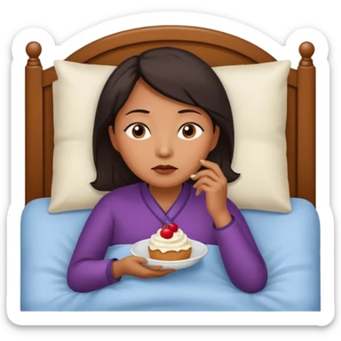 A middle-aged Asian woman lying in bed, unable to sleep thinking of dessert sticker